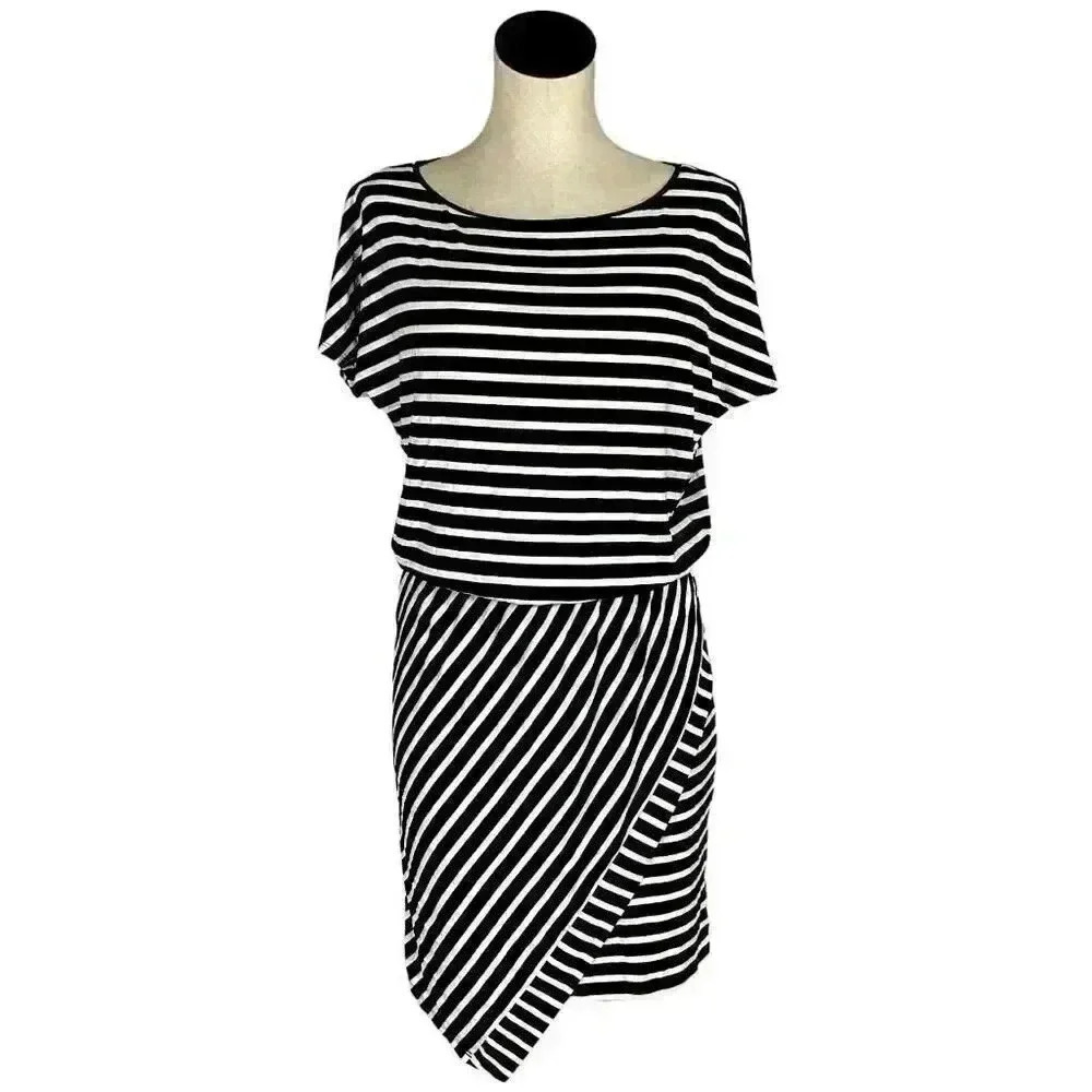 White House Black Market Womens S Striped Dress Black White Short Sleeves NEW